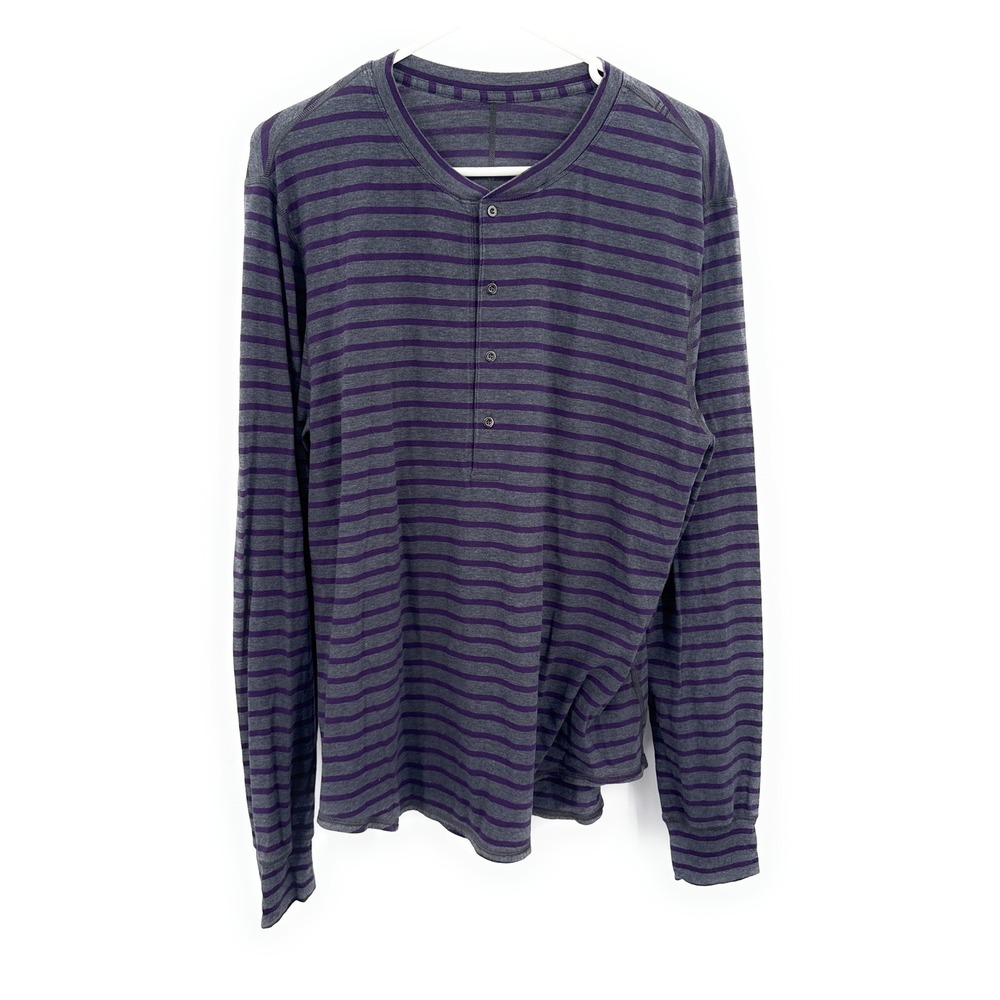 Lululemon Mens XL Long Sleeve Henley Shirt Striped Grey‎ Purple Athletic Top